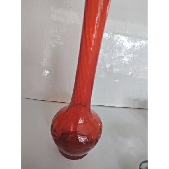 Vintage Murano Art Glass Long Stem Vase Orange Swirl 12" Tall - Picture 8 of 11